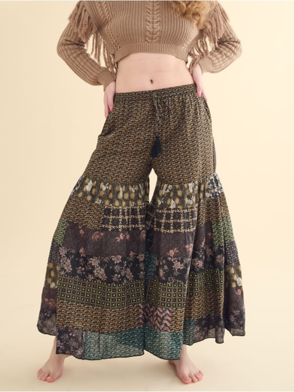 Wide Leg Boho Patchwork Palazzo Pants - Brown Multi